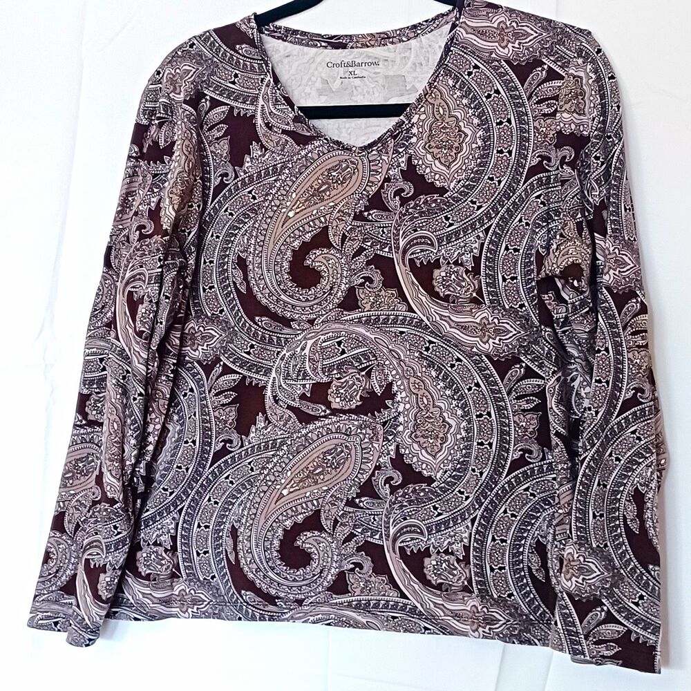 Croft & Barrow Women's XL Brown Paisley Knit Top V Neck Long Sleeve Stretch